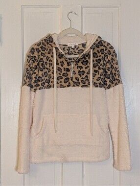 NWOT SWEET GENERIS LEOPARD PRINT COZY SHERPA HALF ZIP HOODIE | SIZE S | SO SOFT!